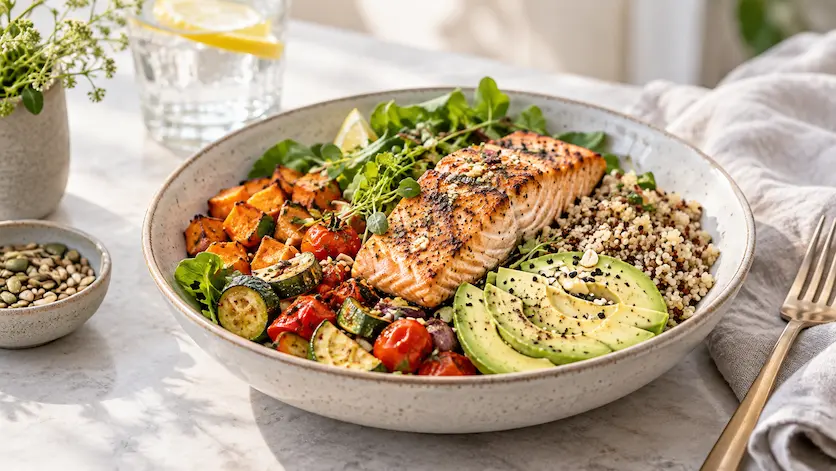 Balanced meal with salmon, quinoa, avocado and vegetables for healthy weight management in women - Global Obesity Group - Bogota, Colombia