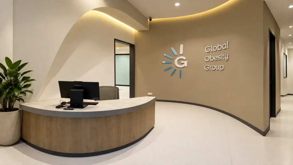 Global Obesity Group clinic reception in Bogota, Colombia, offering multidisciplinary care for overweight, obesity and bariatric treatment