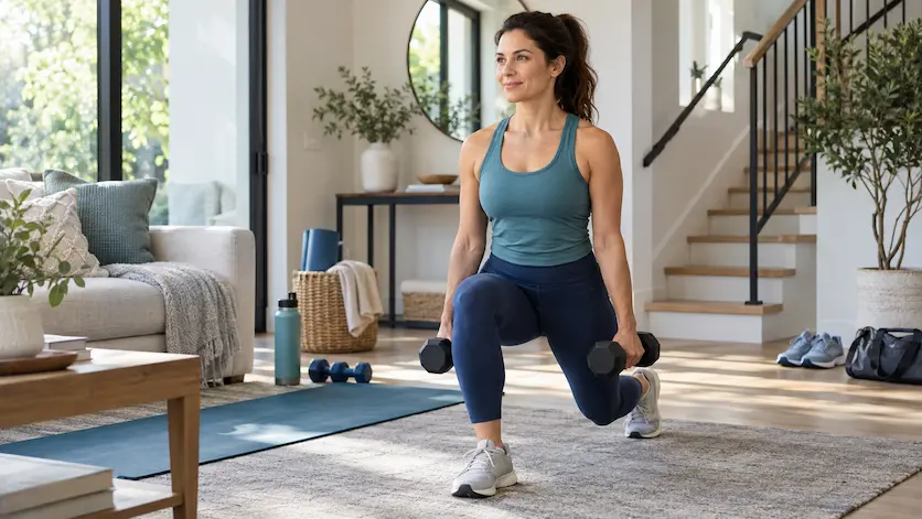 Woman doing strength training with dumbbells at home as part of an active daily routine for healthy weight management - Global Obesity Group - Bogota, Colombia