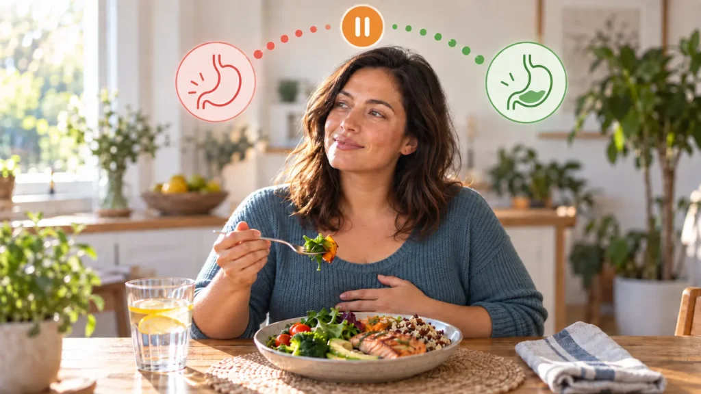 Woman practicing mindful eating and recognizing hunger and fullness cues during a healthy meal - Global Obesity Group - Bogota, Colombia