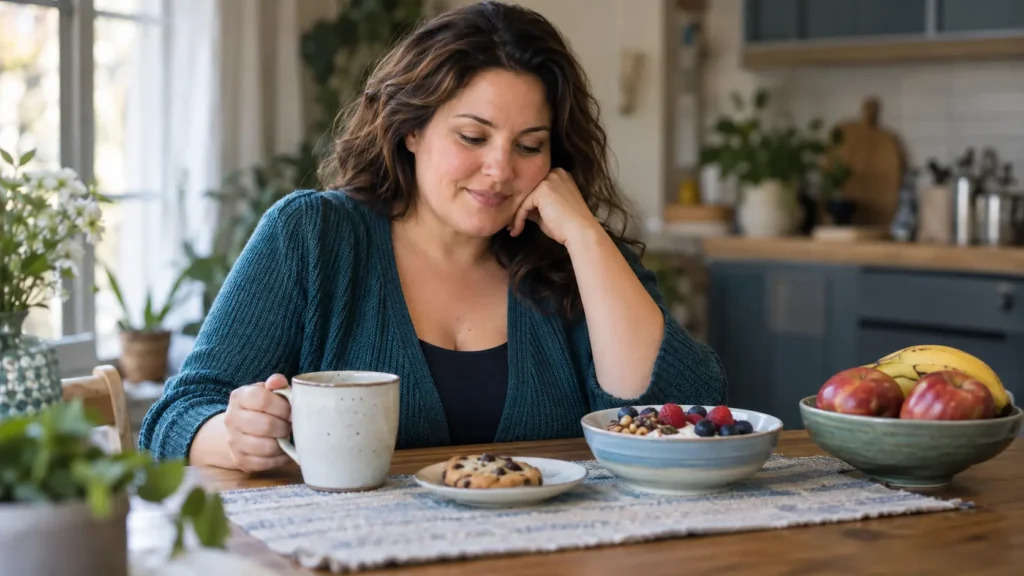 Woman reflecting on food choices and emotional eating in a calm kitchen setting, illustrating stress-related eating without guilt - Global Obesity Group - Bogota, Colombia