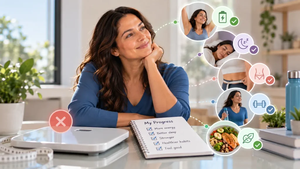 Woman tracking weight loss progress through energy, sleep, strength, healthier habits and body changes beyond the scale - Global Obesity Group - Bogota, Colombia